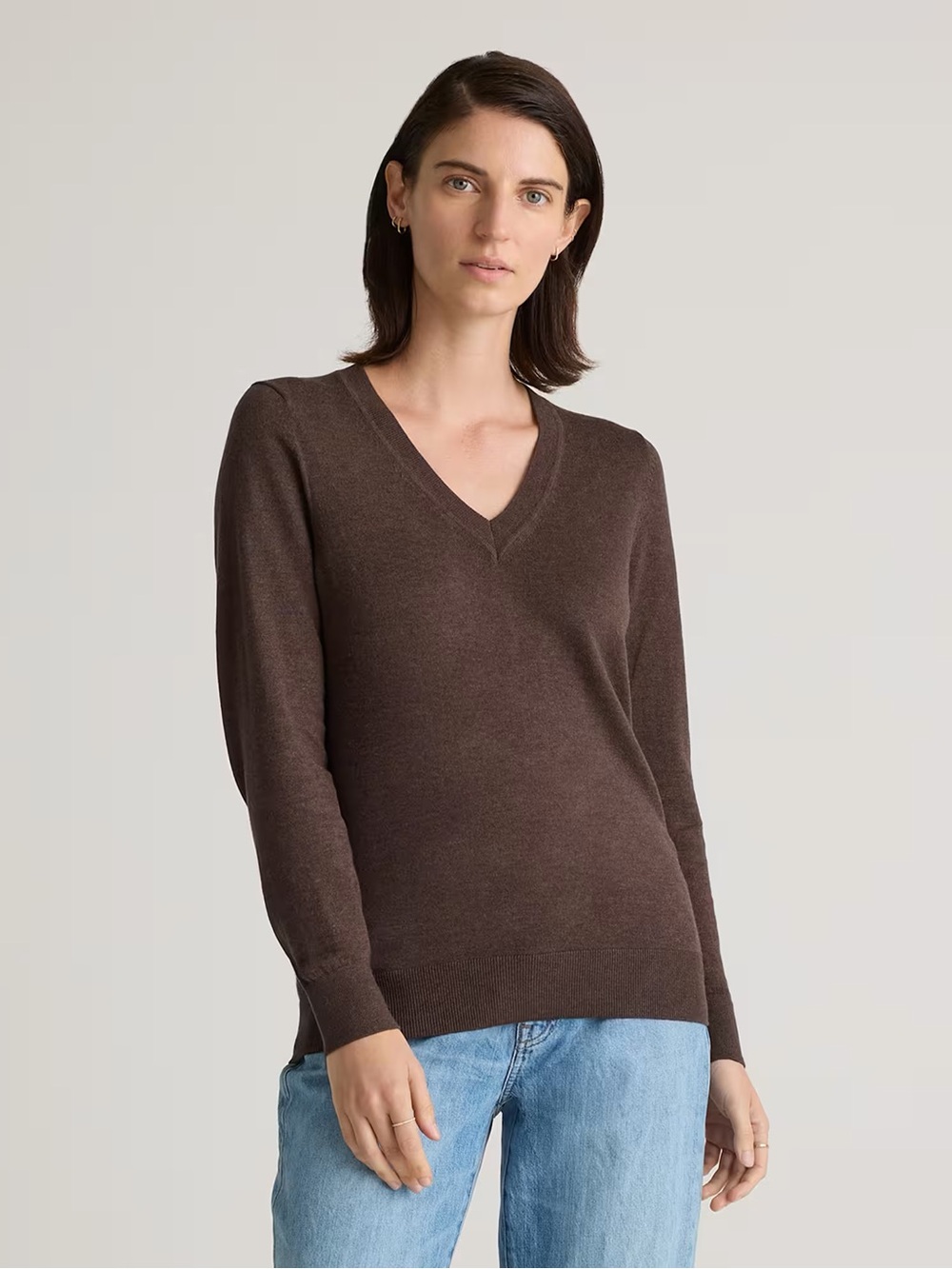 Quince V-Neck Sweater in Brown